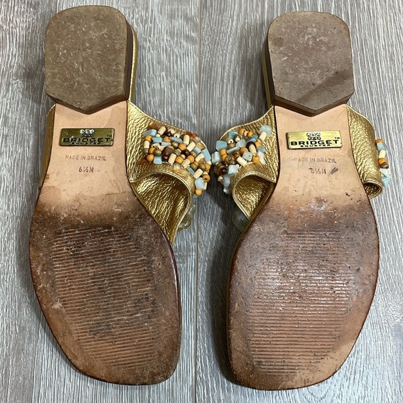 Bridget Shuster Gold Leather Thong Slip On Sandals Beaded Natural Stones 6.5 - Picture 9 of 15